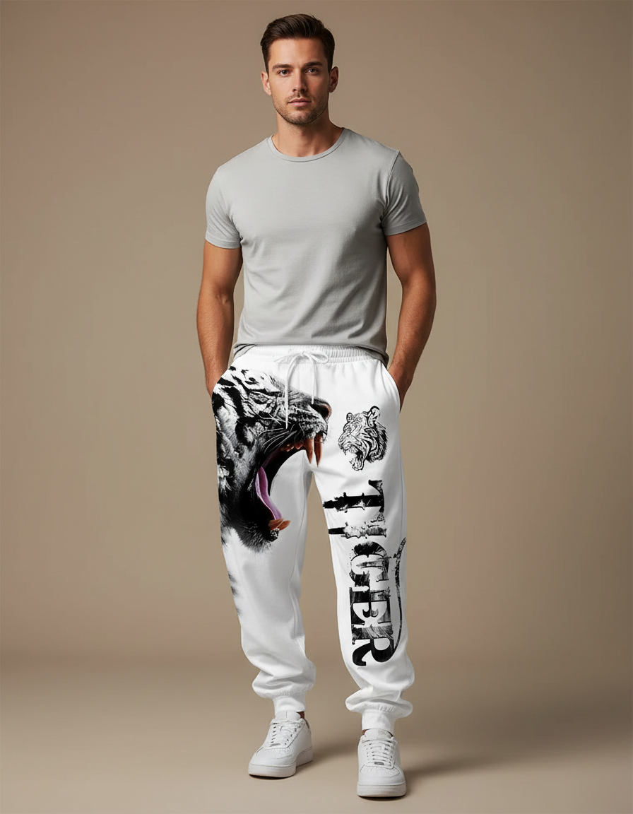 Pantalon Fluide Blanc Imprimé Tigre Ample Sportswear Homme - Molleton