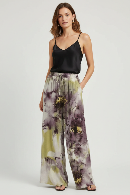Pantalon Fluide Imprimé Floral Ample Cordon Décontracté - Lin