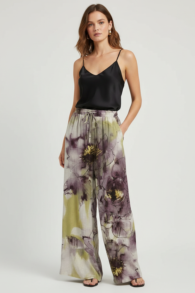 Pantalon Fluide Imprimé Floral Ample Cordon Décontracté - Lin