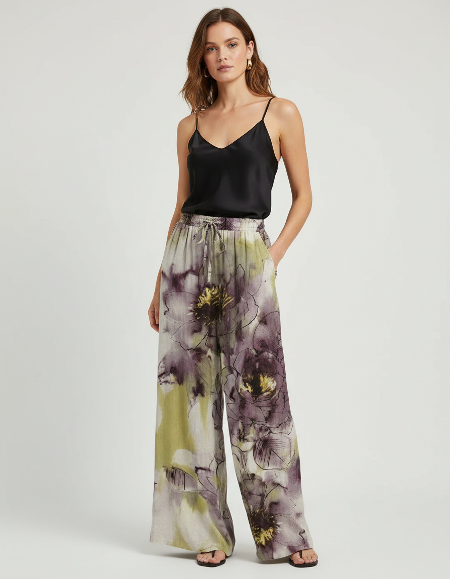 Pantalon Fluide Imprimé Floral Ample Cordon Décontracté - Lin