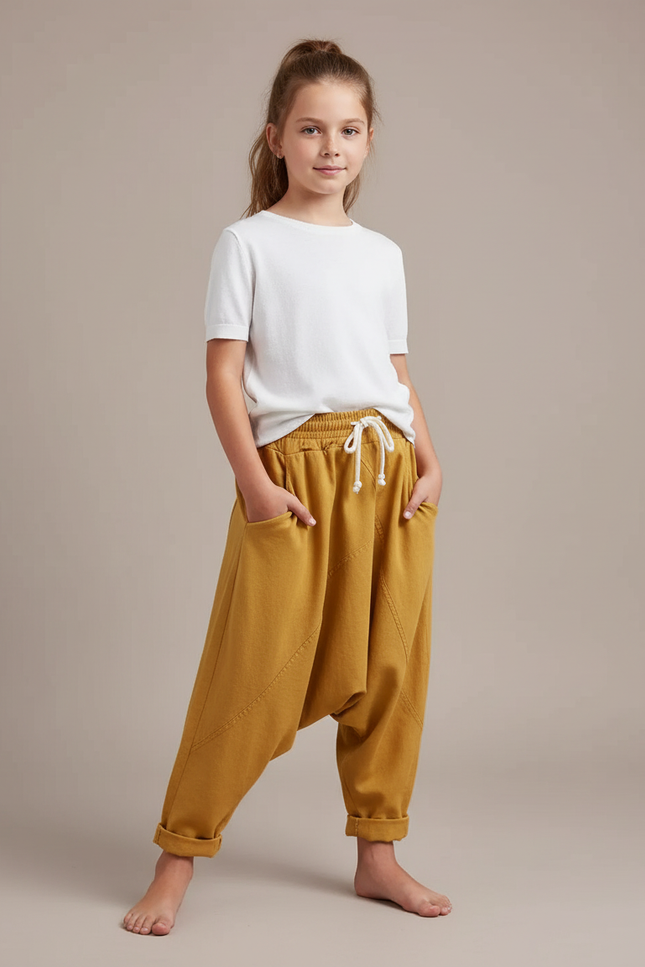Pantalon Fluide Ample Jaune Moutarde Décontracté Confortable Coton