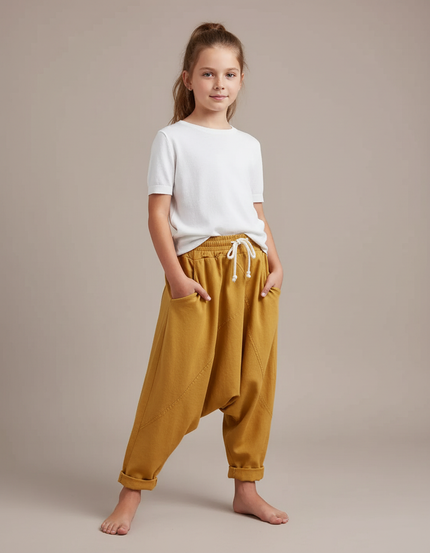 Pantalon Fluide Ample Jaune Moutarde Décontracté Confortable Coton