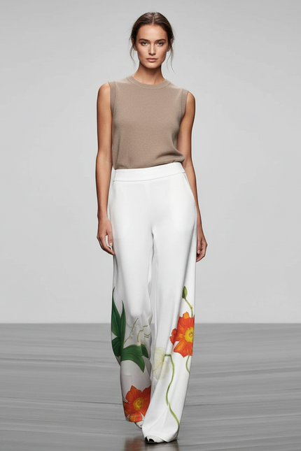 Pantalon Fluide Blanc Imprimé Floral Ample Élégant - Viscose