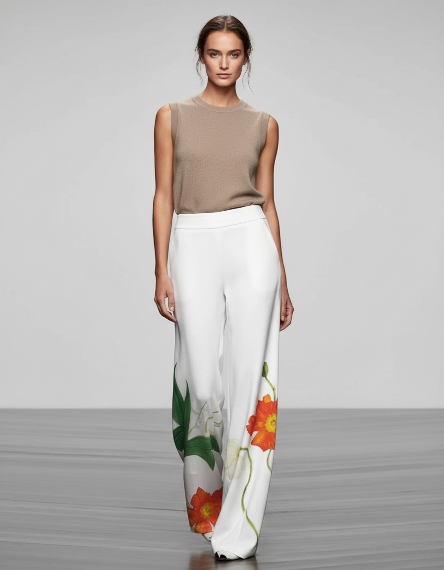 Pantalon Fluide Blanc Imprimé Floral Ample Élégant - Viscose