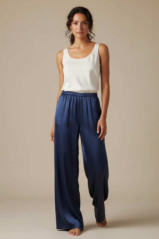 Pantalon Fluide Satiné Ample Bleu Marine Élégant Femme