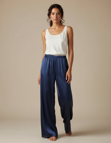 Pantalon Fluide Satiné Ample Bleu Marine Élégant Femme