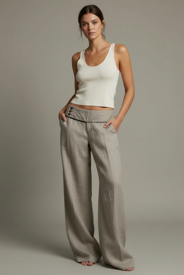 Pantalon Fluide Taille Basse Femme - Beige Lin