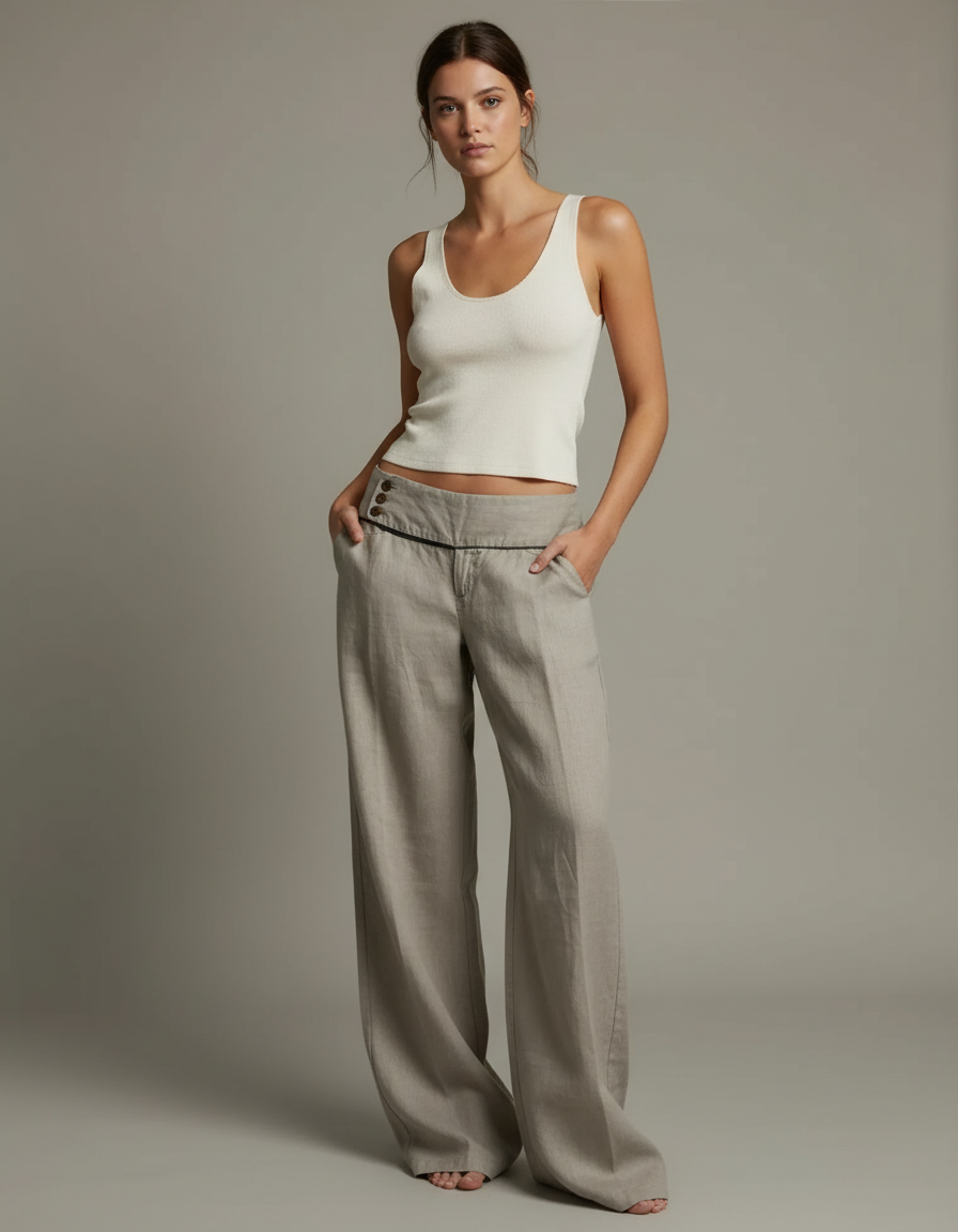 Pantalon Fluide Taille Basse Femme - Beige Lin