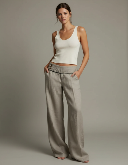 Pantalon Fluide Taille Basse Femme - Beige Lin
