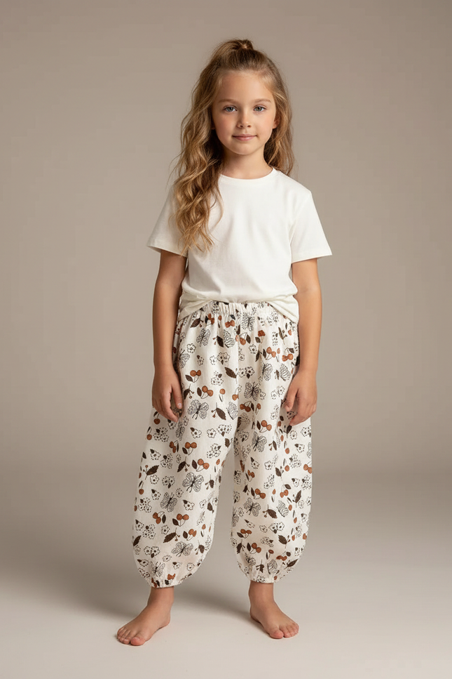 Pantalon Fluide Écru Ample Imprimé Papillons Cerises - Beige Coton