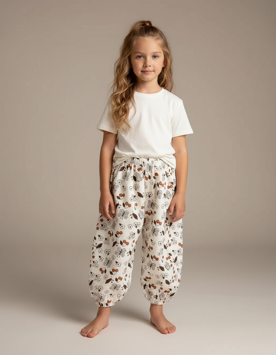 Pantalon Fluide Écru Ample Imprimé Papillons Cerises - Beige Coton