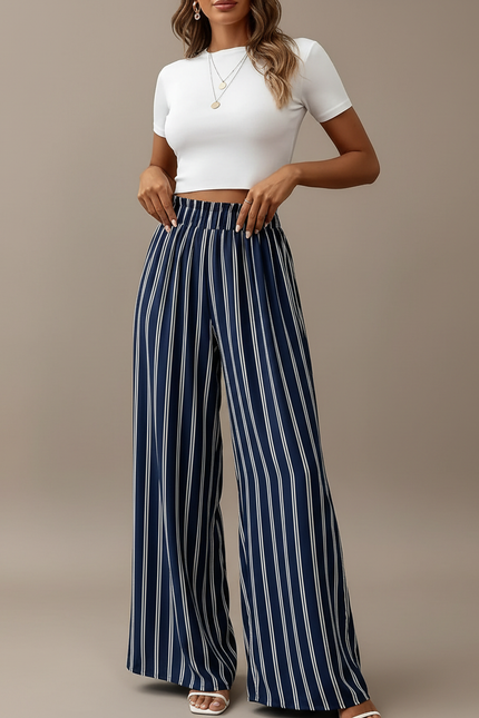 Pantalon Fluide Bleu Marine Rayé Ample Taille Haute - Polyester