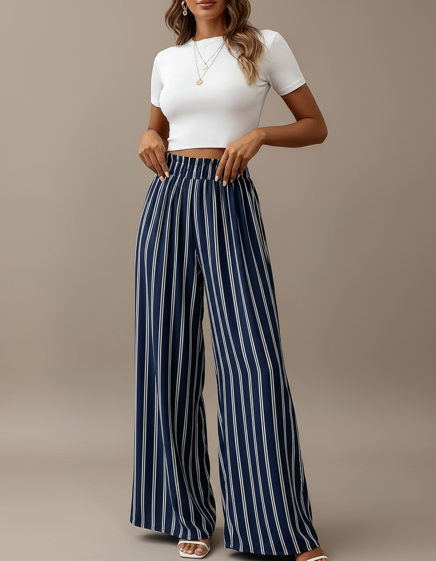 Pantalon Fluide Bleu Marine Rayé Ample Taille Haute - Polyester