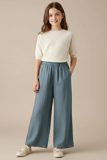 Pantalon Fluide Bleu Coton Lin Ample Fille