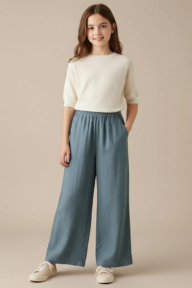 Pantalon Fluide Bleu Coton Lin Ample Fille