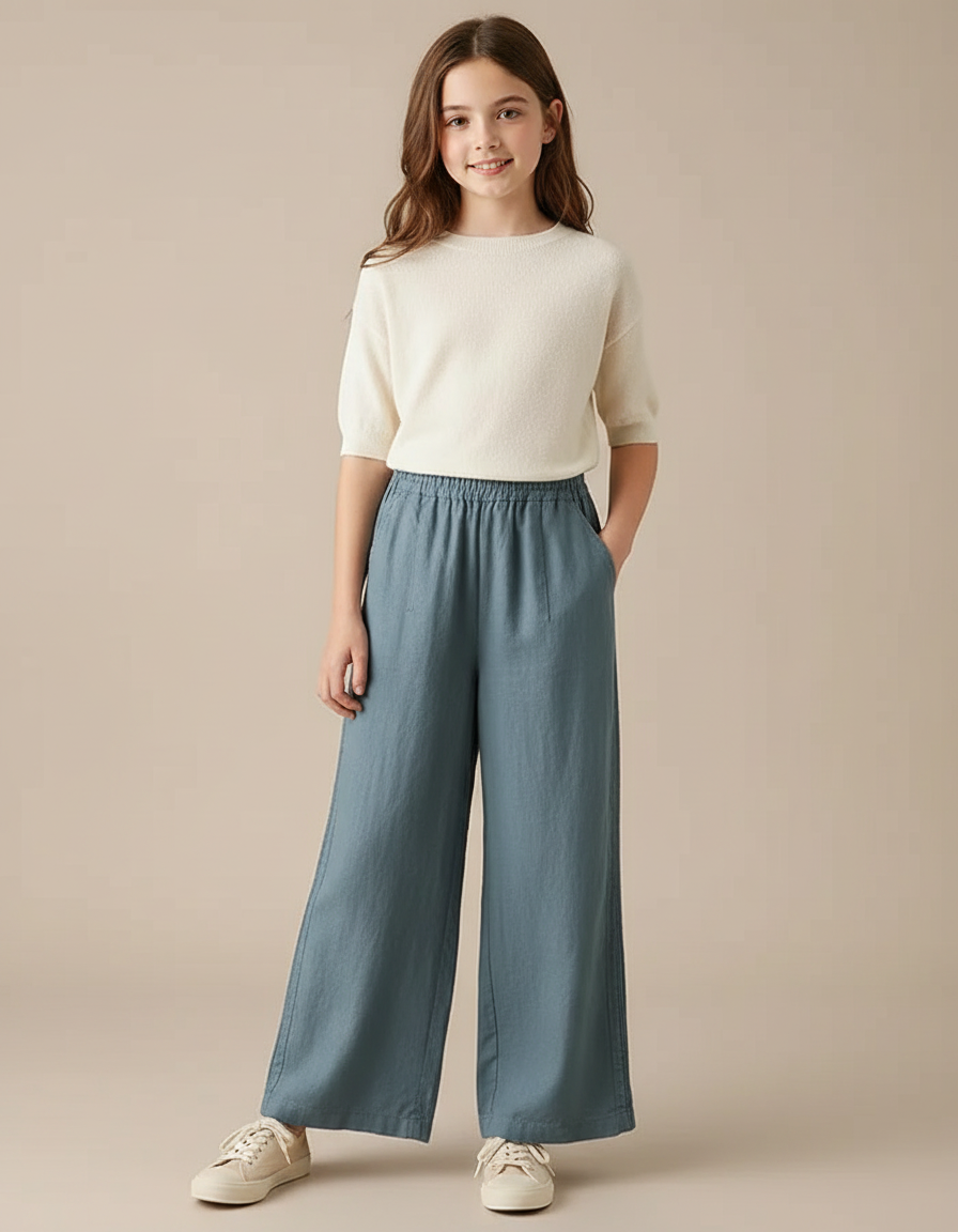 Pantalon Fluide Bleu Coton Lin Ample Fille