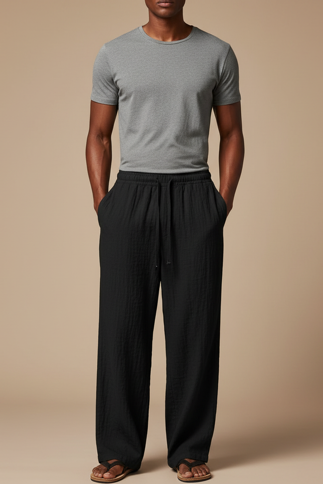 Pantalon Fluide Noir Coton Ample Décontracté Homme