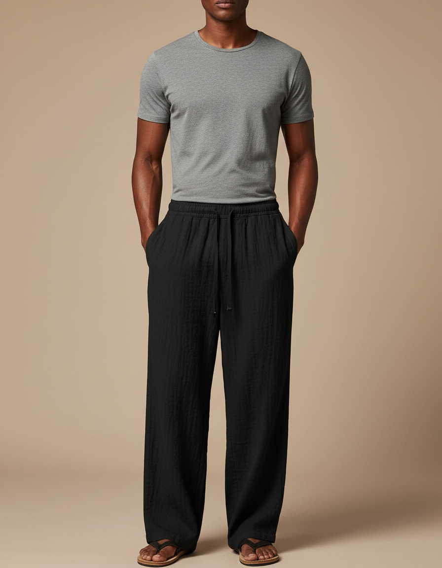 Pantalon Fluide Noir Coton Ample Décontracté Homme