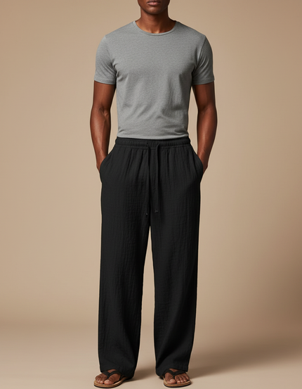 Pantalon Fluide Noir Coton Ample Décontracté Homme