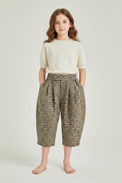 Pantalon Fluide Imprimé Fleuri Ample Décontracté Enfant - Kaki Tweed