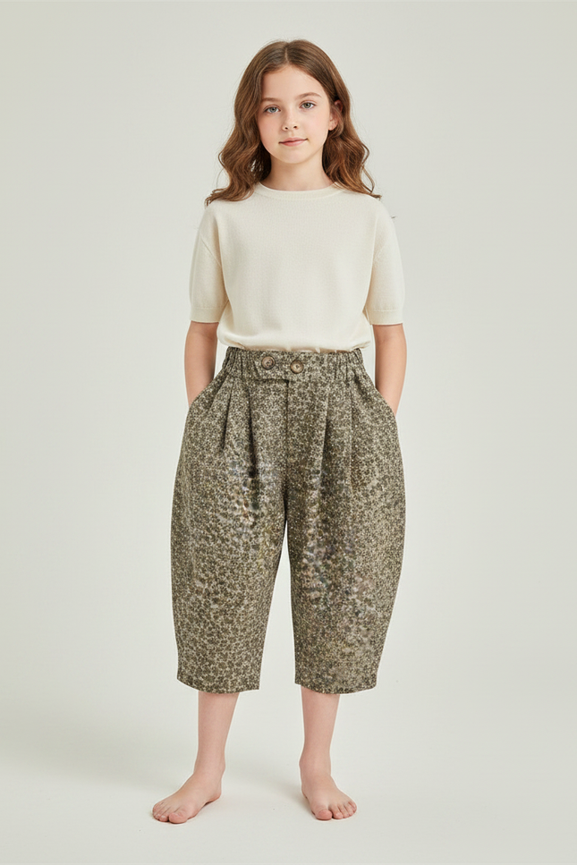 Pantalon Fluide Imprimé Fleuri Ample Décontracté Enfant - Kaki Tweed