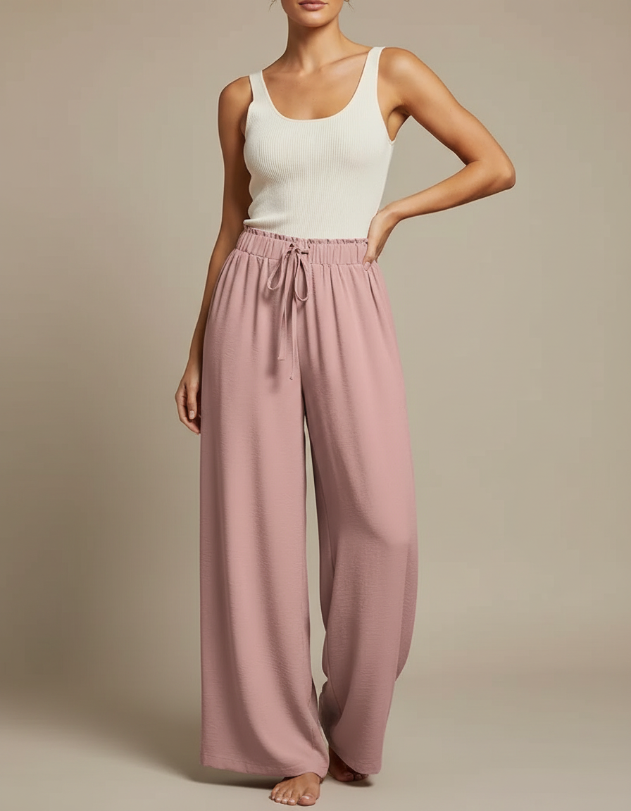 Pantalon Fluide Rose Ample Décontracté Cordon - Viscose