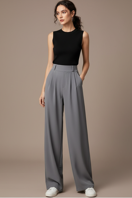 Pantalon Fluide Gris Ample Taille Haute Élégant - Polyester