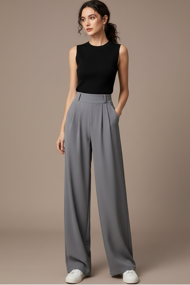 Pantalon Fluide Gris Ample Taille Haute Élégant - Polyester