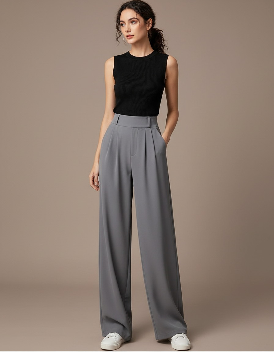 Pantalon Fluide Gris Ample Taille Haute Élégant - Polyester