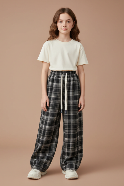 Pantalon Fluide Noir Plaid Ample Décontracté Coton Fille - Tweed