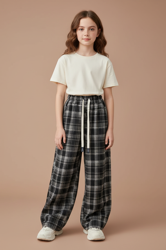 Pantalon Fluide Noir Plaid Ample Décontracté Coton Fille - Tweed