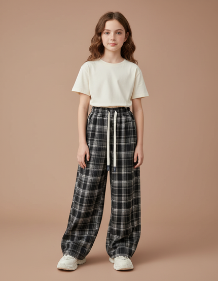 Pantalon Fluide Noir Plaid Ample Décontracté Coton Fille - Tweed