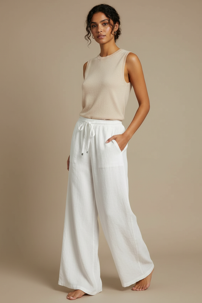 Pantalon Fluide Blanc Ample Lin Décontracté Femme