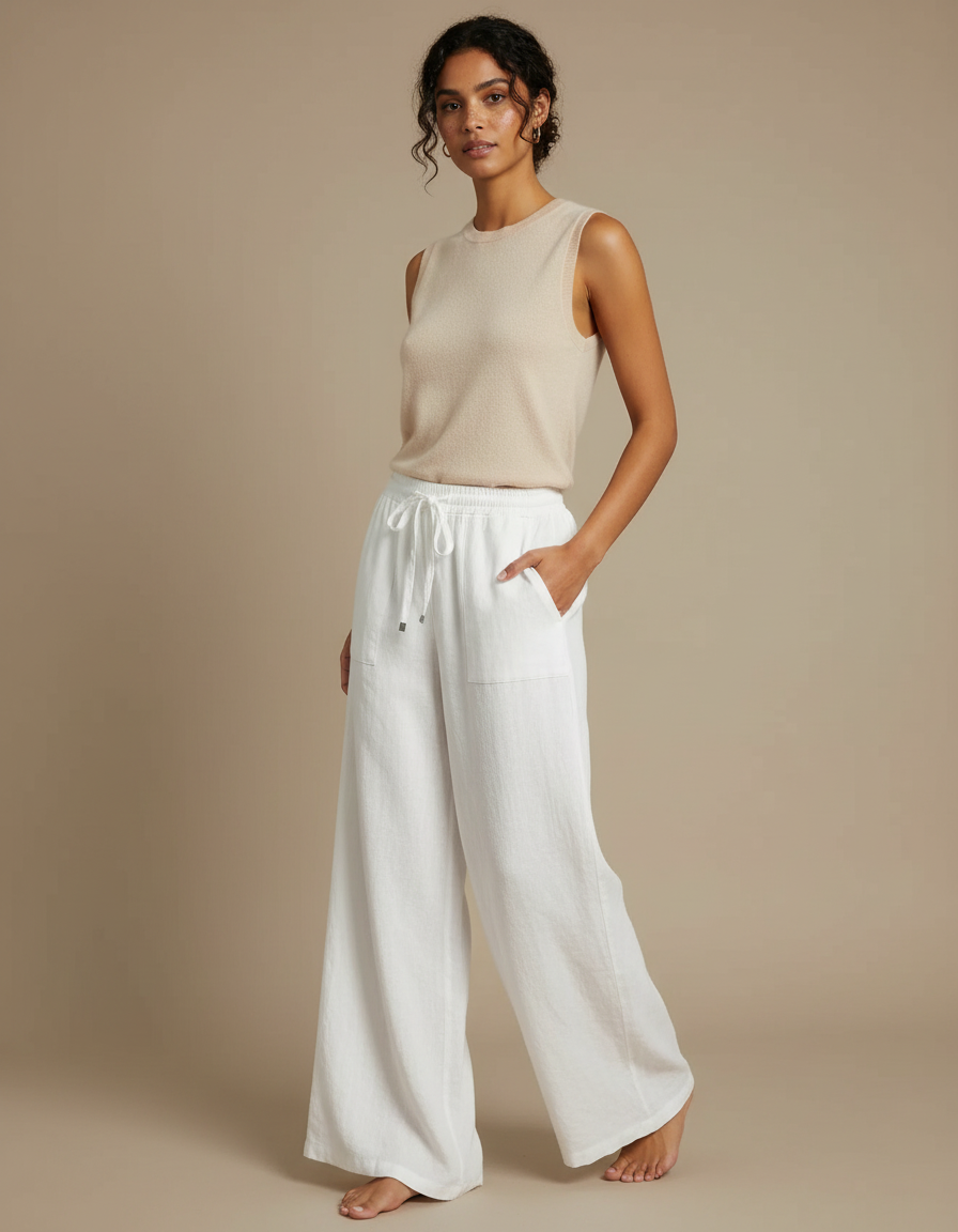 Pantalon Fluide Blanc Ample Lin Décontracté Femme