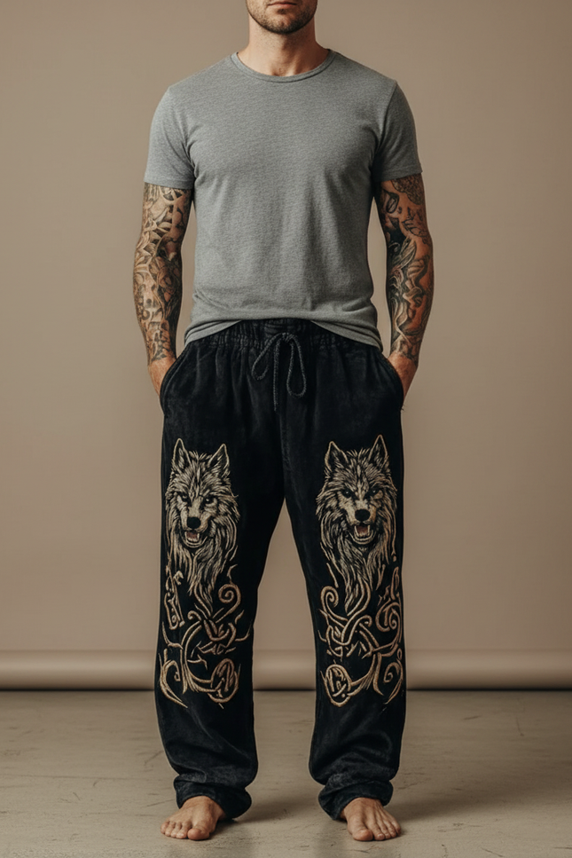 Pantalon Fluide Noir Ample Loup Viking Cordon Homme - Velours