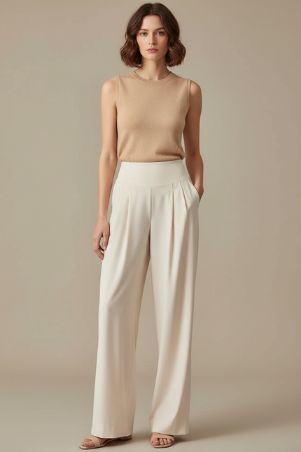 Pantalon Fluide Écru Ample Plissé Taille Haute Élégant - Blanc Viscose