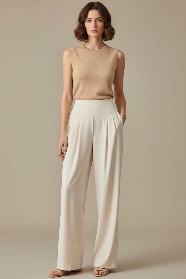 Pantalon Fluide Écru Ample Plissé Taille Haute Élégant - Blanc Viscose