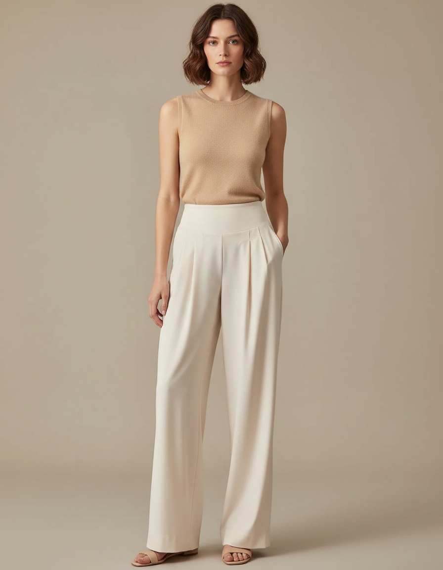 Pantalon Fluide Écru Ample Plissé Taille Haute Élégant - Blanc Viscose