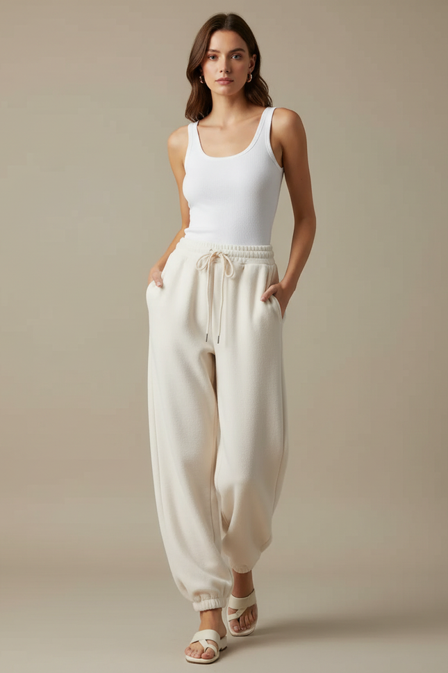 Pantalon Fluide Écru Molletonné Ample Confortable - Beige