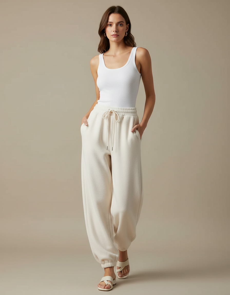 Pantalon Fluide Écru Molletonné Ample Confortable - Beige