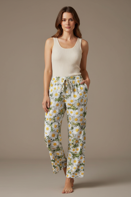 Pantalon Fluide Imprimé Marguerites Ample Décontracté Estival - Lin