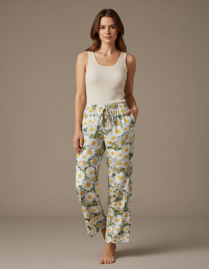 Pantalon Fluide Imprimé Marguerites Ample Décontracté Estival - Lin