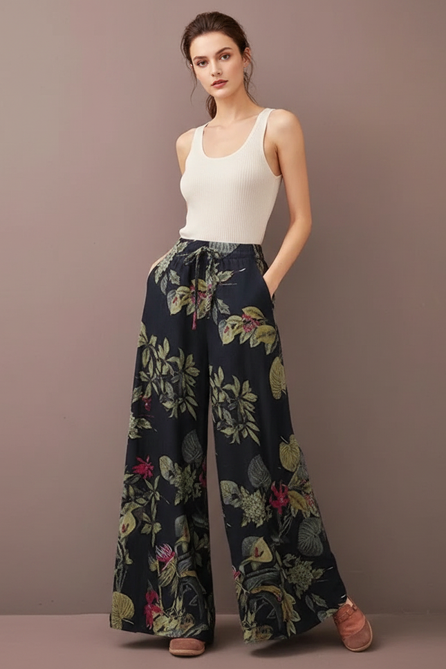 Pantalon Fluide Imprimé Floral Ample Décontracté Bohème - Lin