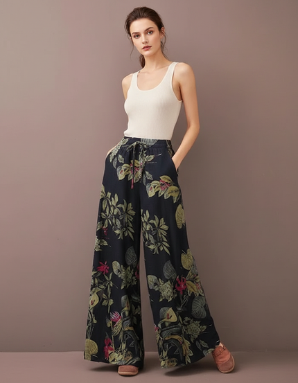 Pantalon Fluide Imprimé Floral Ample Décontracté Bohème - Lin