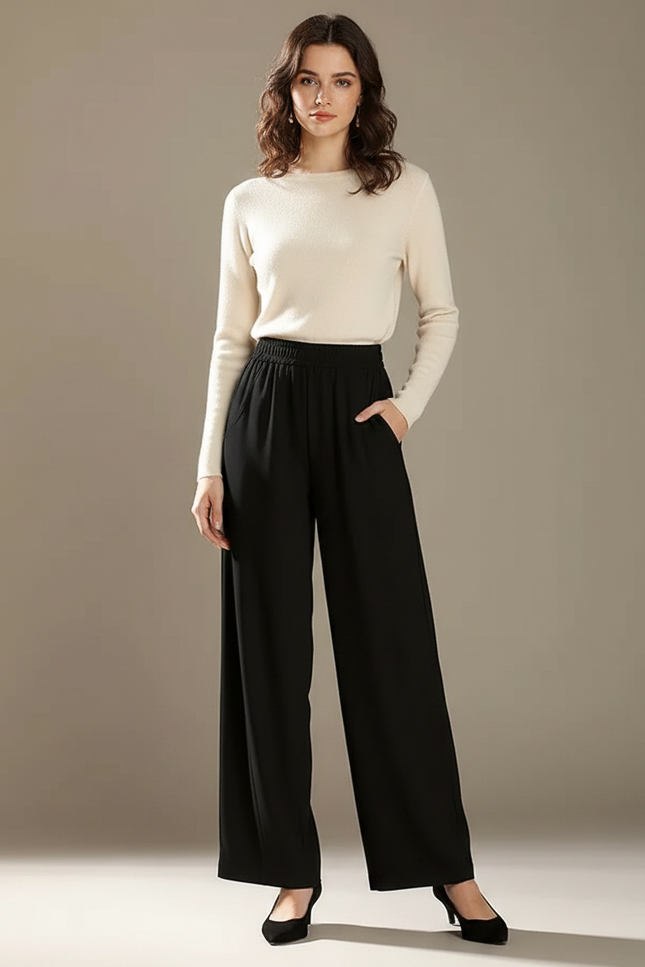 Pantalon Fluide Noir Ample Taille Haute Casual Élégant - Polyester