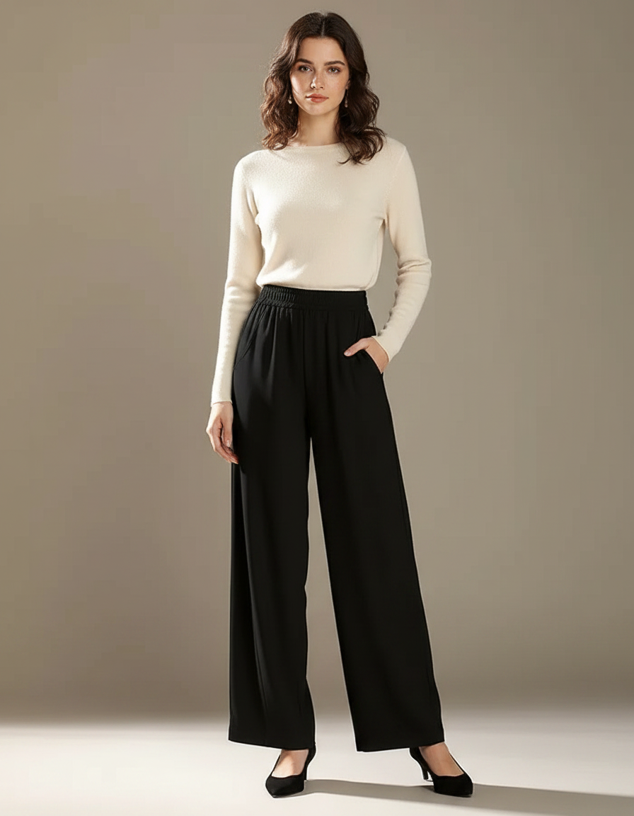 Pantalon Fluide Noir Ample Taille Haute Casual Élégant - Polyester