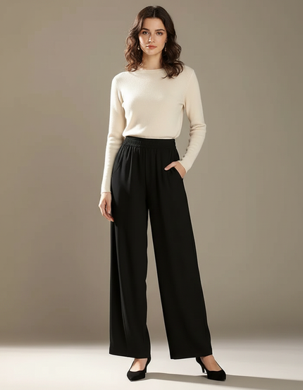 Pantalon Fluide Noir Ample Taille Haute Casual Élégant - Polyester