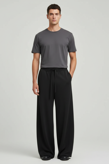 Pantalon Fluide Noir Ample Confortable Cordon Homme - Polyester