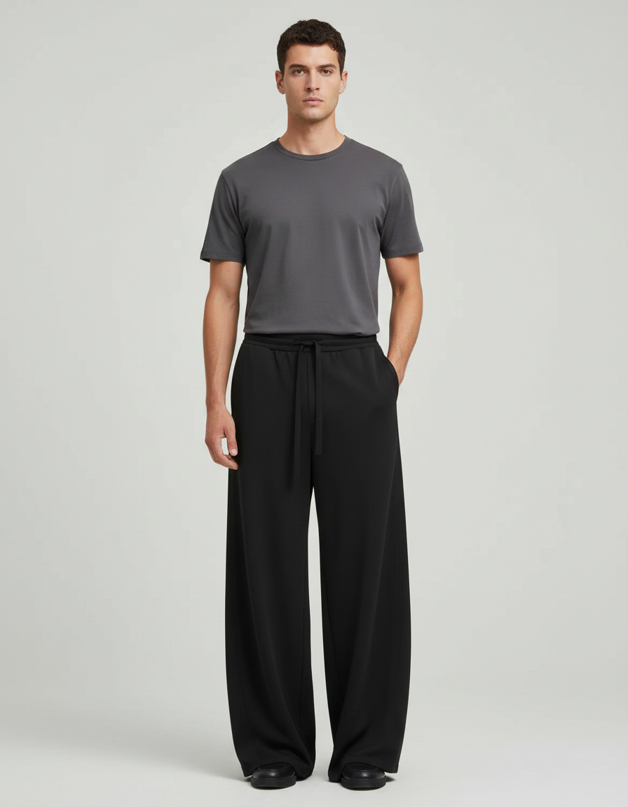 Pantalon Fluide Noir Ample Confortable Cordon Homme - Polyester