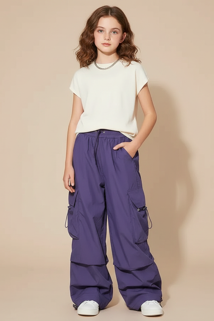 Pantalon Fluide Violet Cargo Ample Streetwear Fille - Polyester